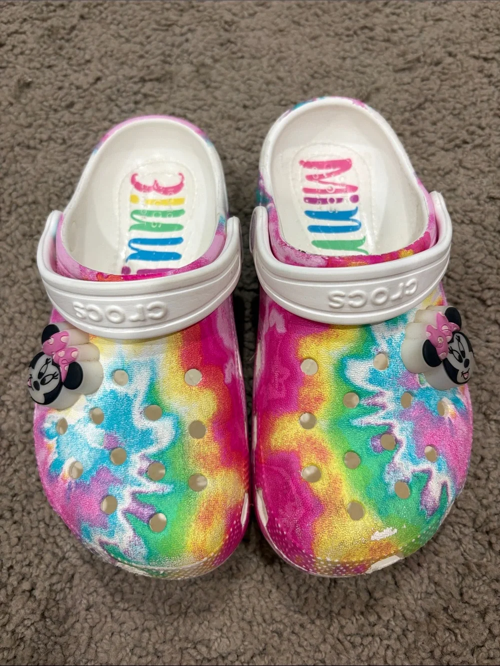 CROCS Kids Rainbow Tie-Dye Clogs with Minnie Charm - Pink, Yellow, Green, Blue
